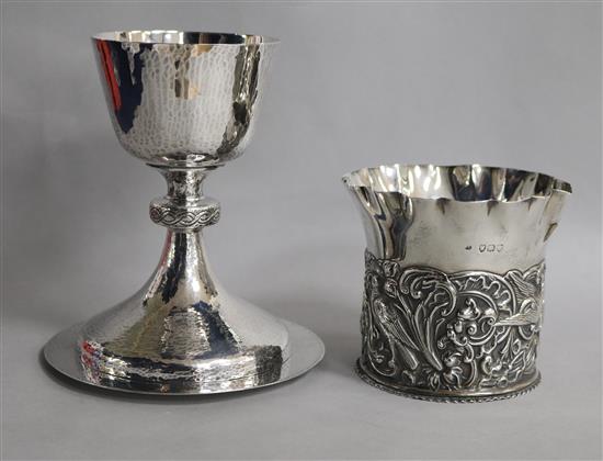 A modern planished silver chalice and paten, J. Wippell & Co Ltd,London, 1958, 14 oz.